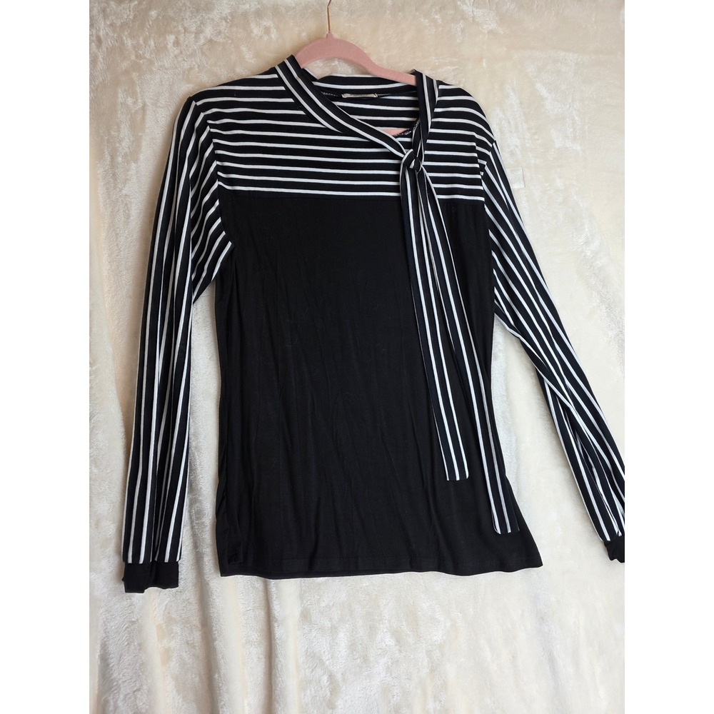 Zeagoo Womens Black White Stripe Tie Neck Long Sleeve Top Shirt Size L